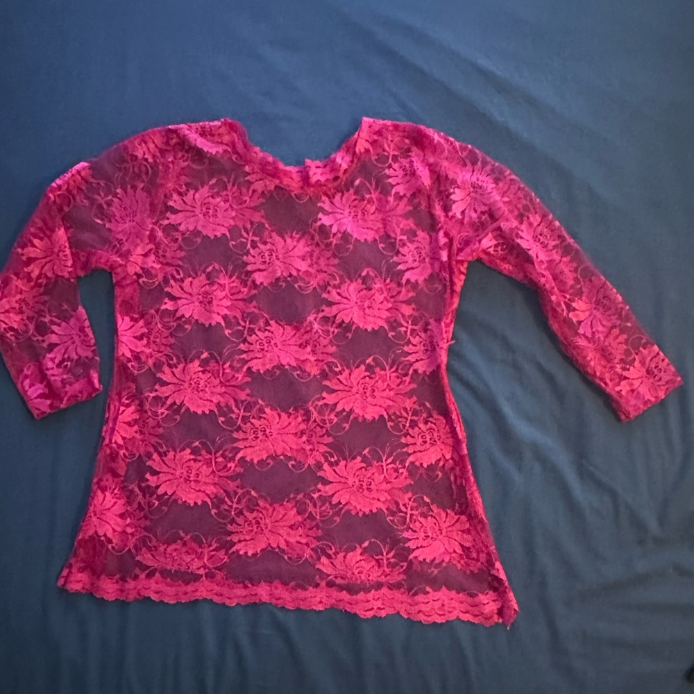 Vintage-Inspired Hot Pink Lace Top – Sheer Floral Blouse (Lg)